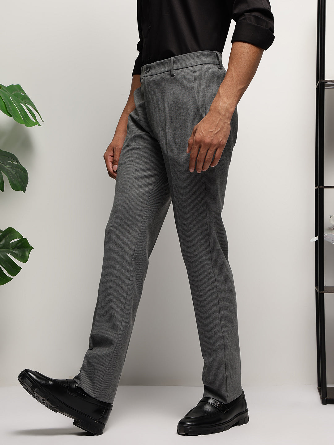 Flex Waist 4-Way Stretch Striped Formal Trousers in Slate Grey- Slim Fit