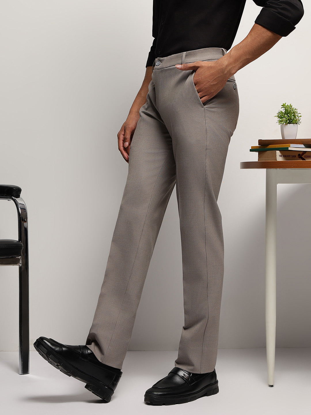 Flex Waist 4-Way Stretch Striped Formal Trousers in Light Brown - Slim Fit