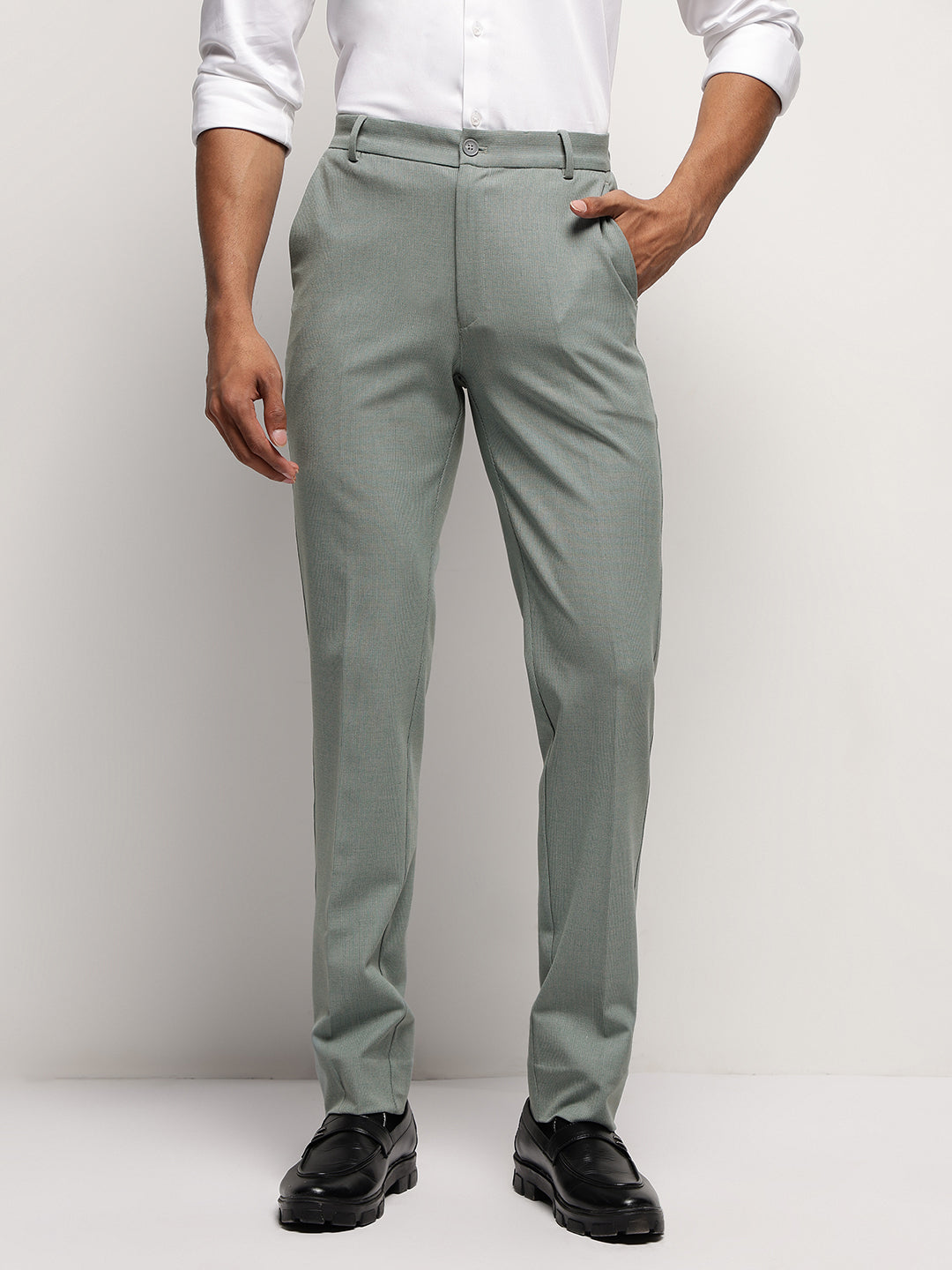 Flex Waist 4-Way Stretch Striped Formal Trousers in Light Green - Slim Fit