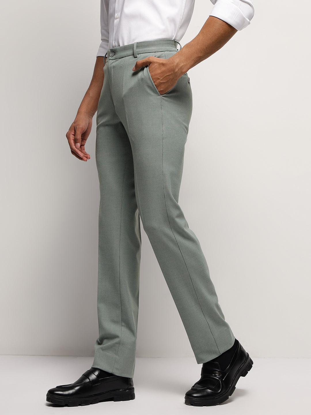 Flex Waist 4-Way Stretch Striped Formal Trousers in Light Green - Slim Fit