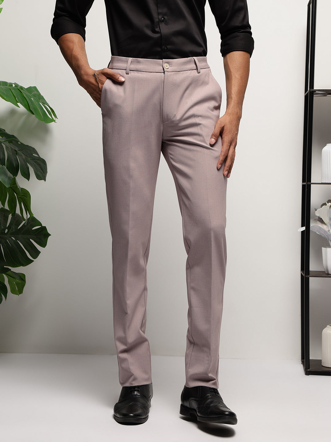 Flex Waist 4-Way Stretch Striped Formal Trousers in Light Mauve - Slim Fit