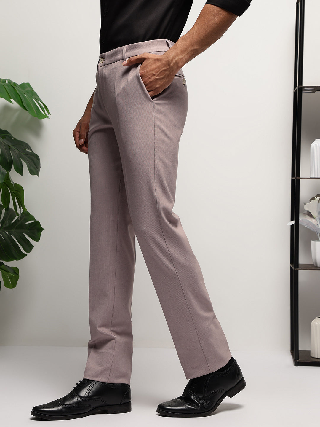 Flex Waist 4-Way Stretch Striped Formal Trousers in Light Mauve - Slim Fit