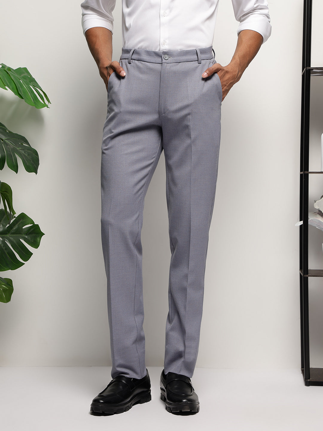 Flex Waist 4-Way Stretch Striped Formal Trousers in Slate Blue - Slim Fit