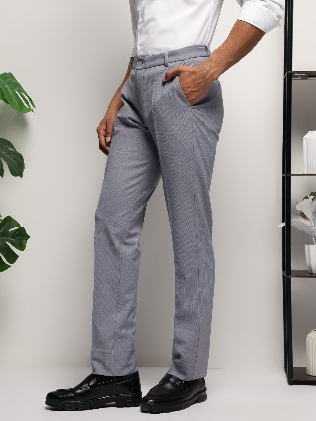 Flex Waist 4-Way Stretch Striped Formal Trousers in Slate Blue - Slim Fit