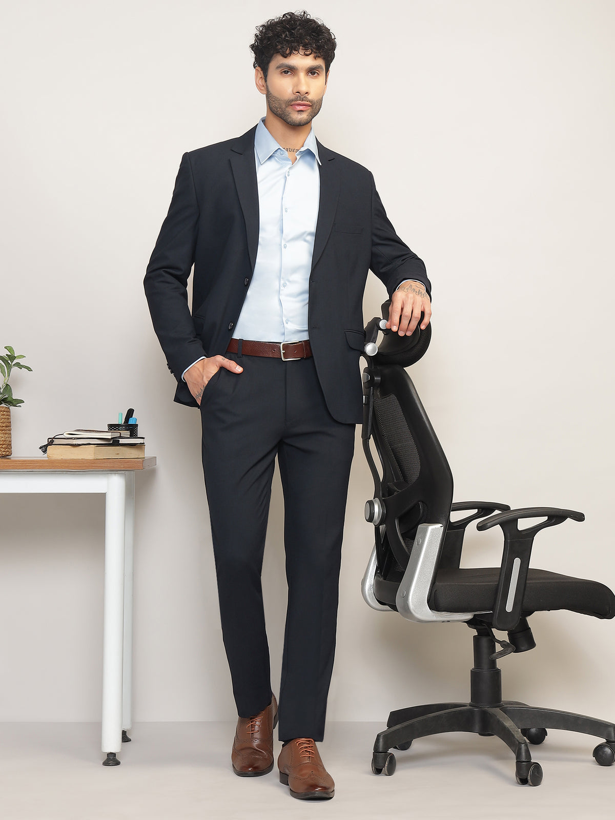 Men Navy Blue Slim-Fit Single-Breasted 2-Piece Stretchable Formal Suit