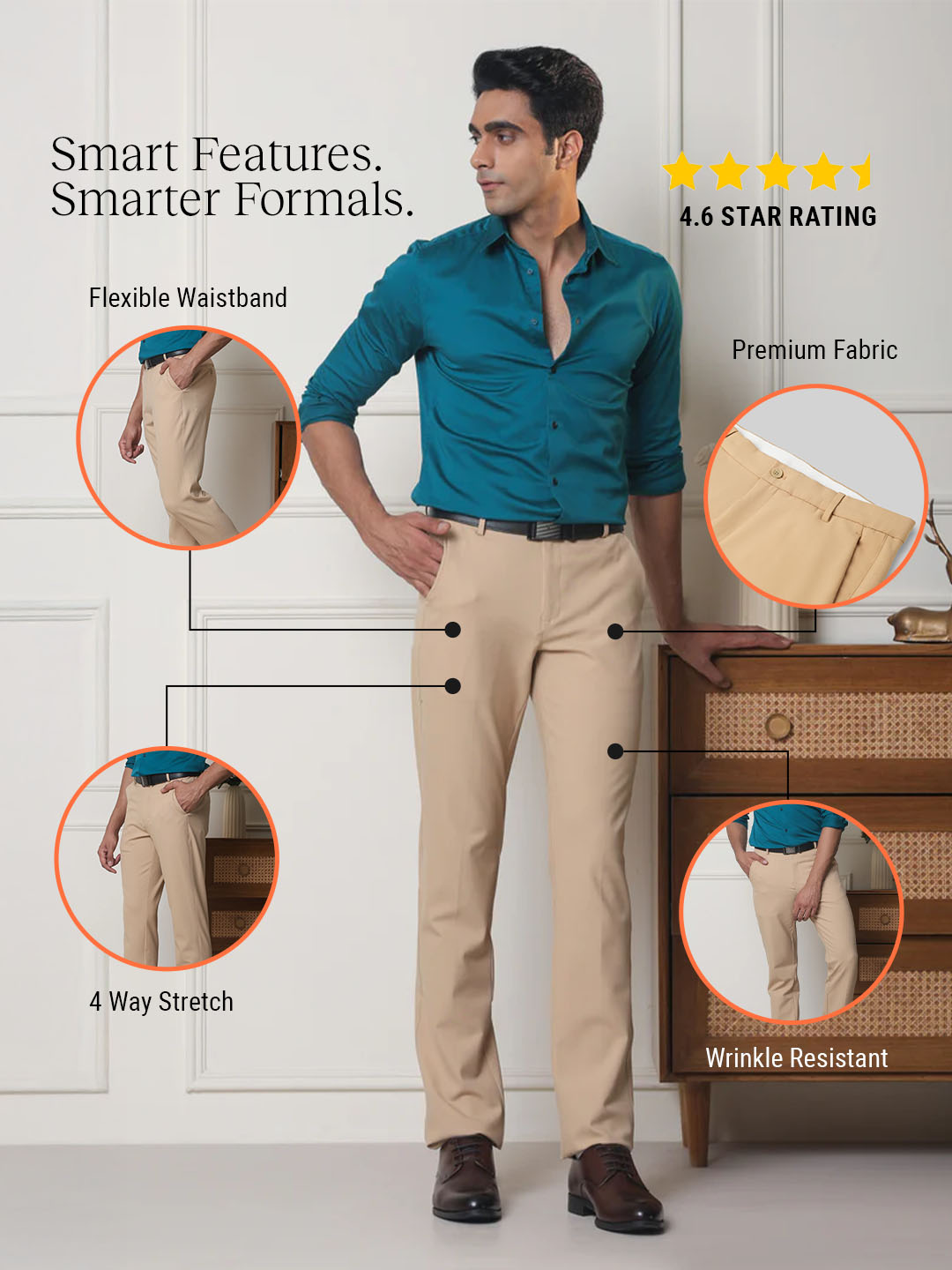 Flex Waist 4-Way Stretch Formal Trousers in Sand - Slim Fit