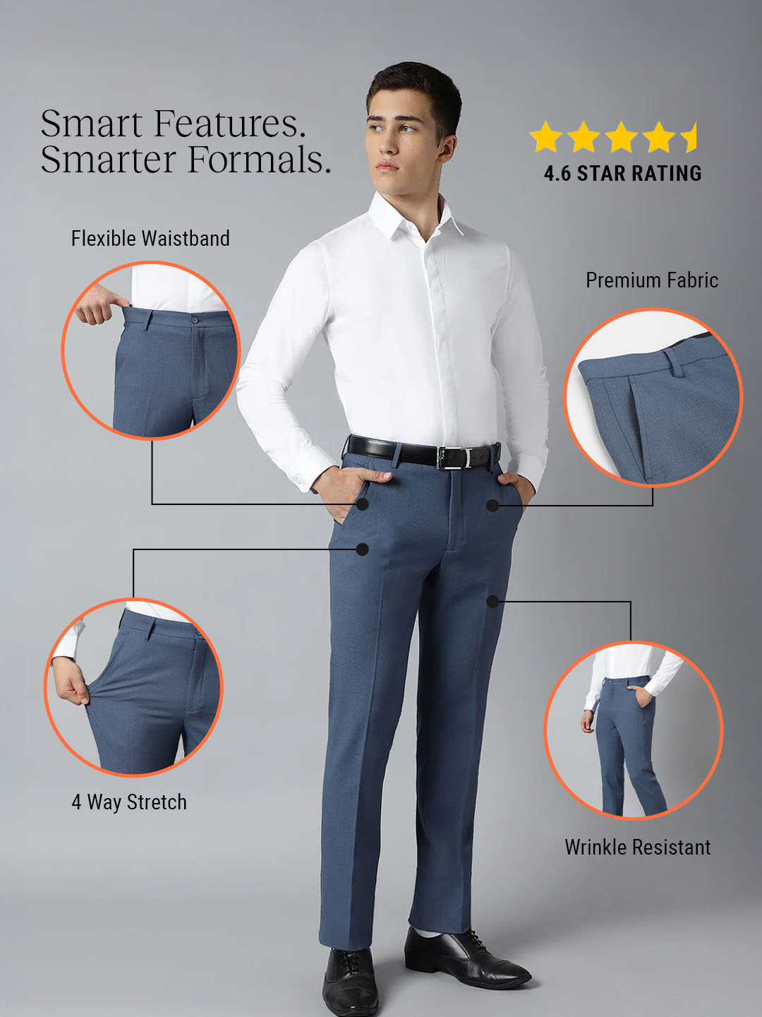Flex Waist 4-Way Stretch Formal Trousers in Steel Blue - Slim Fit
