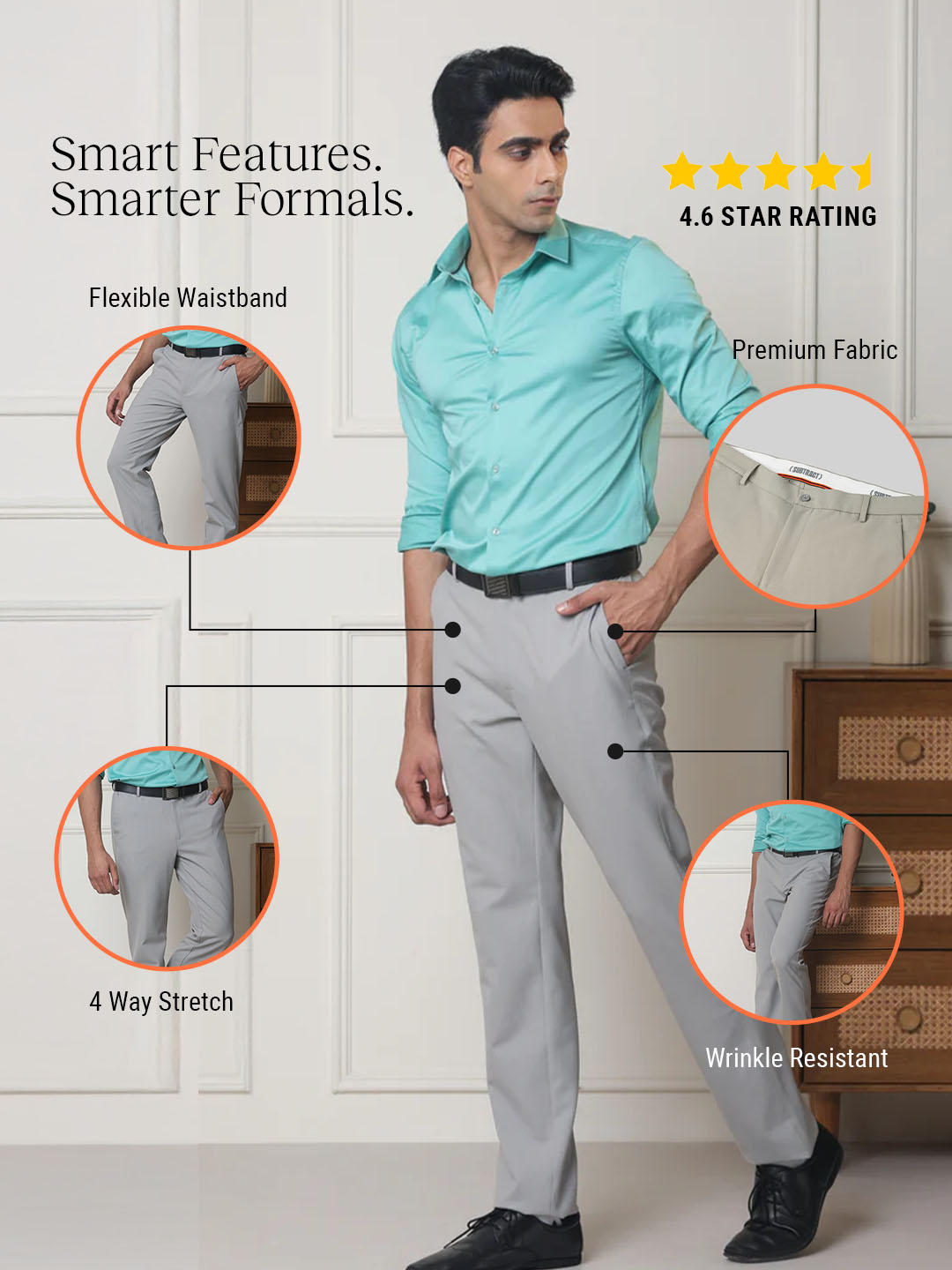 Flex Waist 4-Way Stretch Formal Trousers in Steel Grey - Slim Fit