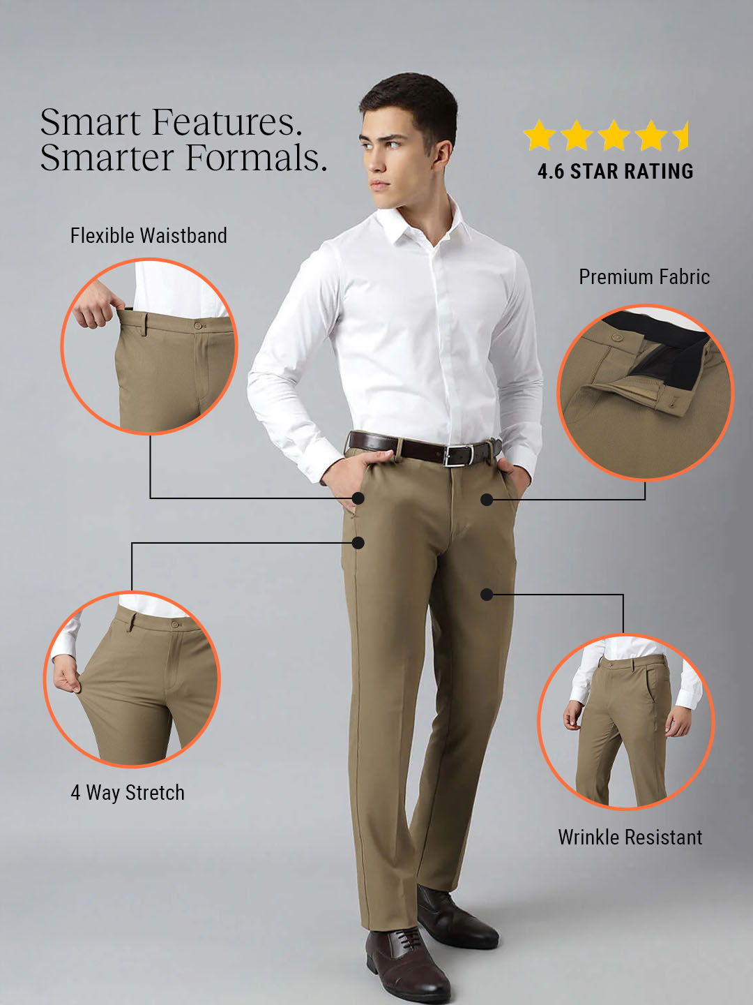 Flex Waist 4-Way Stretch Formal Trousers in Tan Khaki- Slim Fit