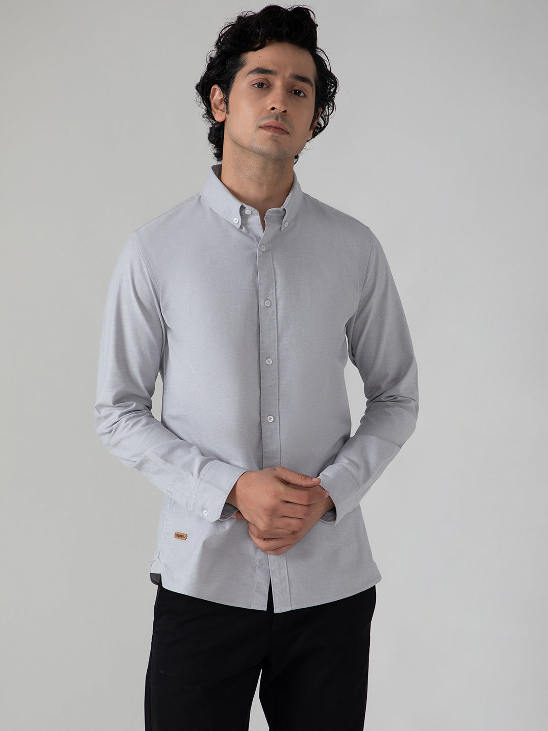 2 Way Stretch Oxford Shirt in Light Grey- Slim Fit