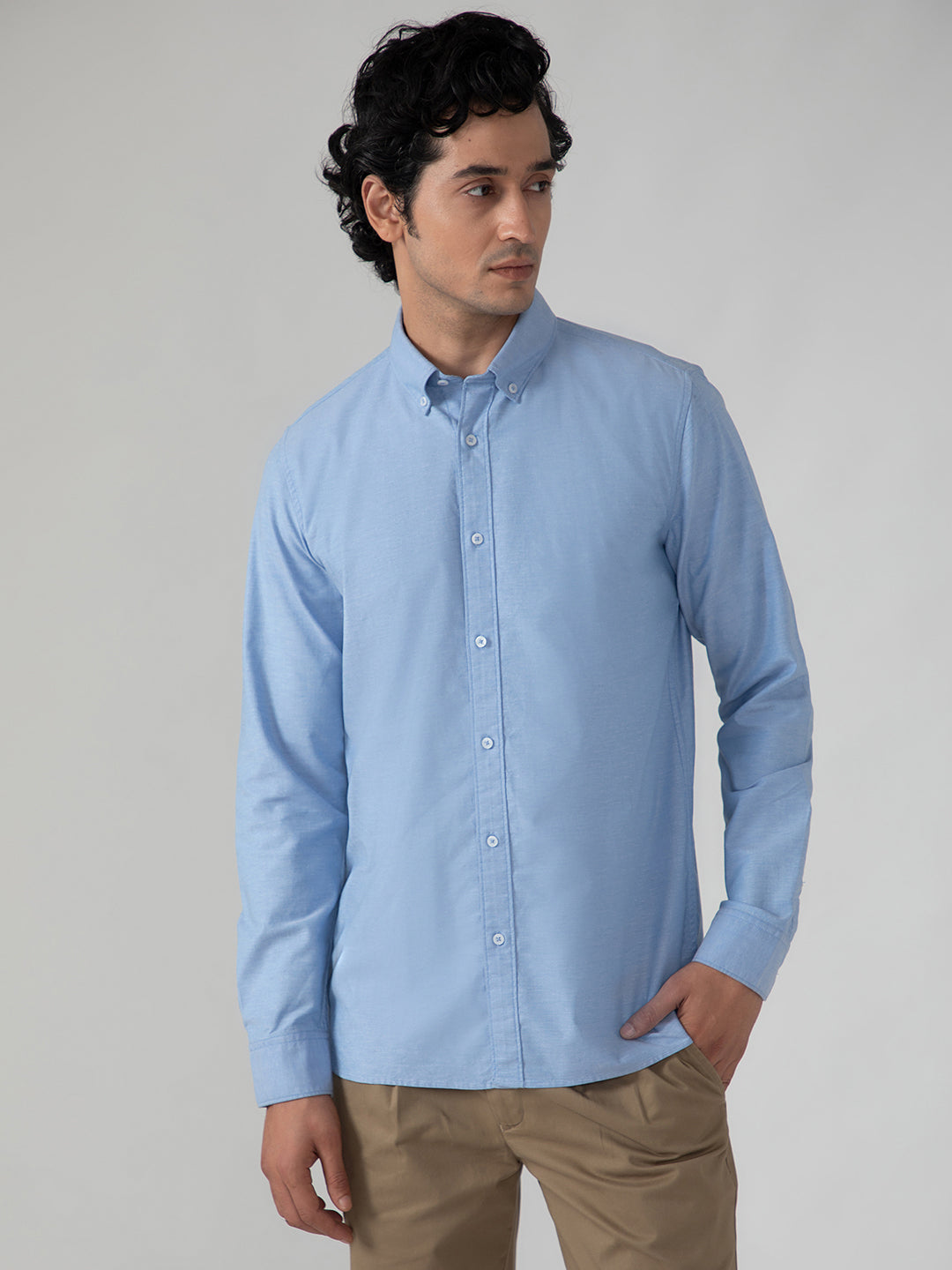 2 Way Stretch Oxford Shirt in Sky Blue-Slim Fit