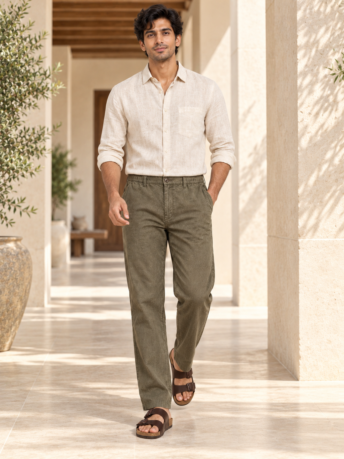 Cotton Linen Casual Pants in Olive