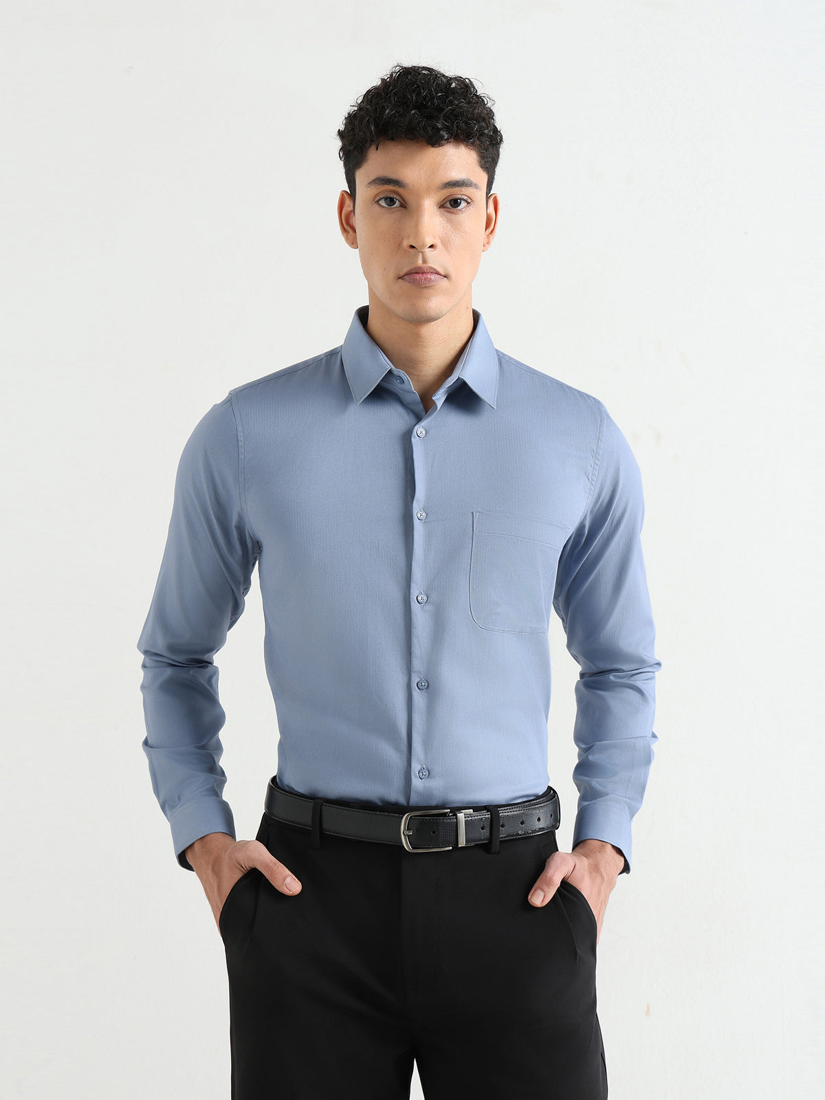 Men's Pure Cotton Comfort Fit Textured Evening Shirt – Steel Blue