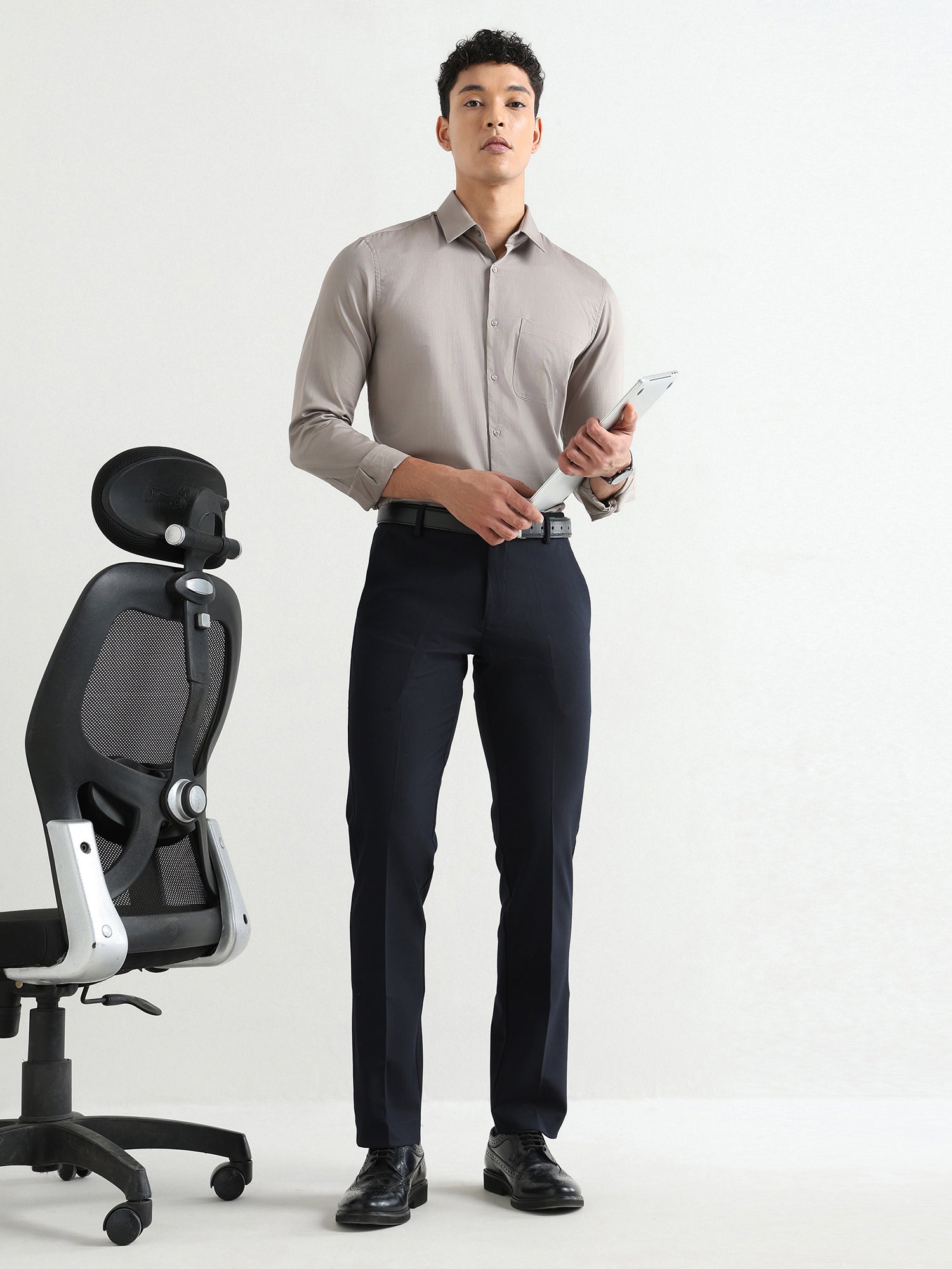 Men's Pure Cotton Comfort Fit Textured Evening Shirt –Olive Grey