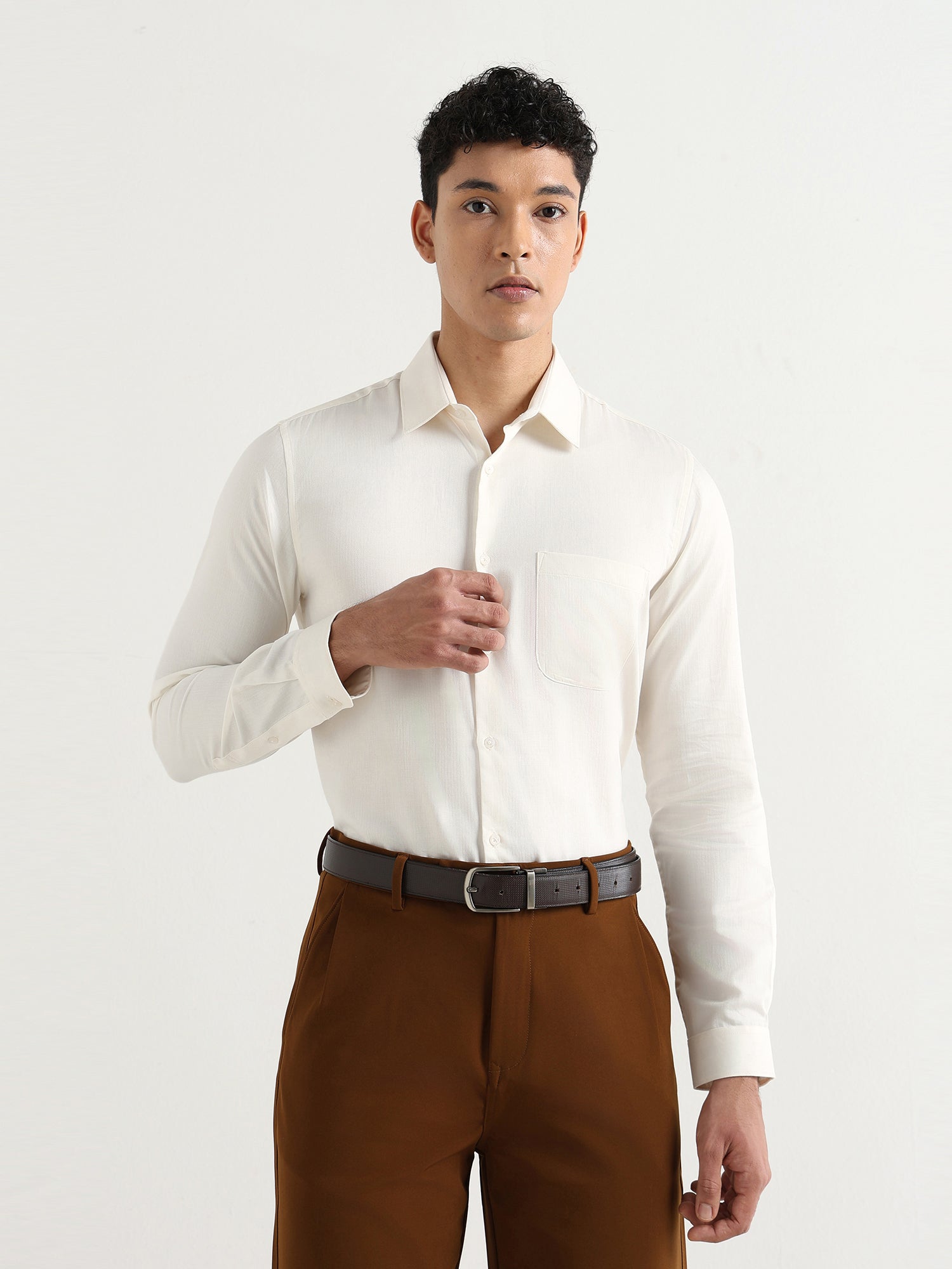Men's Pure Cotton Comfort Fit Textured Evening Shirt – Ivory Cream