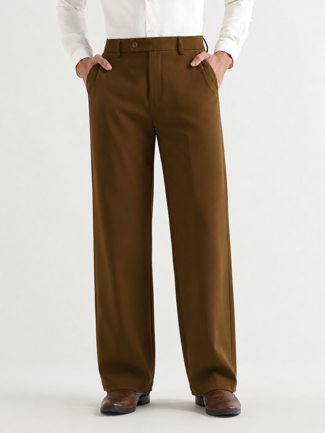 Japanese Poly-Lycra Pleated Wide Leg Trousers in Brown
