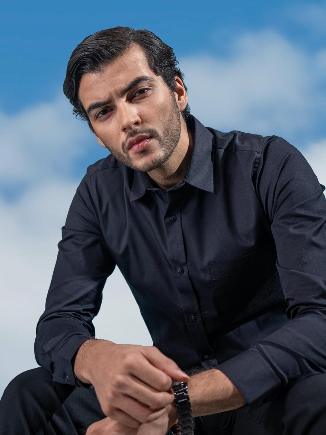 2 Way Stretch Cotton Shirt in Raven Black- Slim Fit