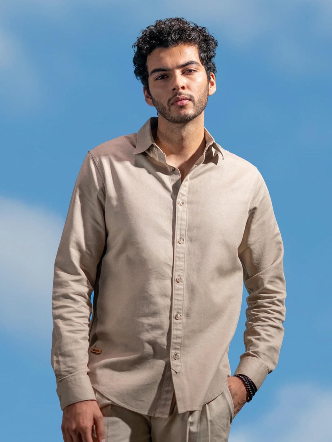 Lightweight Cotton Linen Shirt in Khaki- Comfort Fit