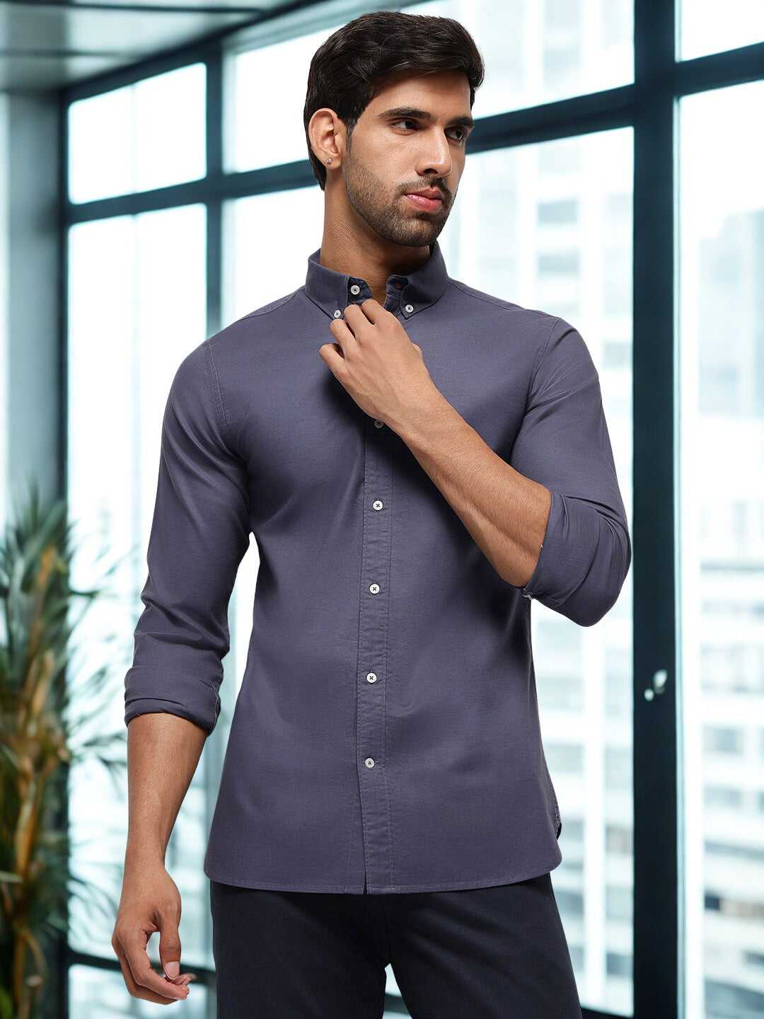 2 Way Stretch Oxford Shirt in Ash Blue-Slim Fit