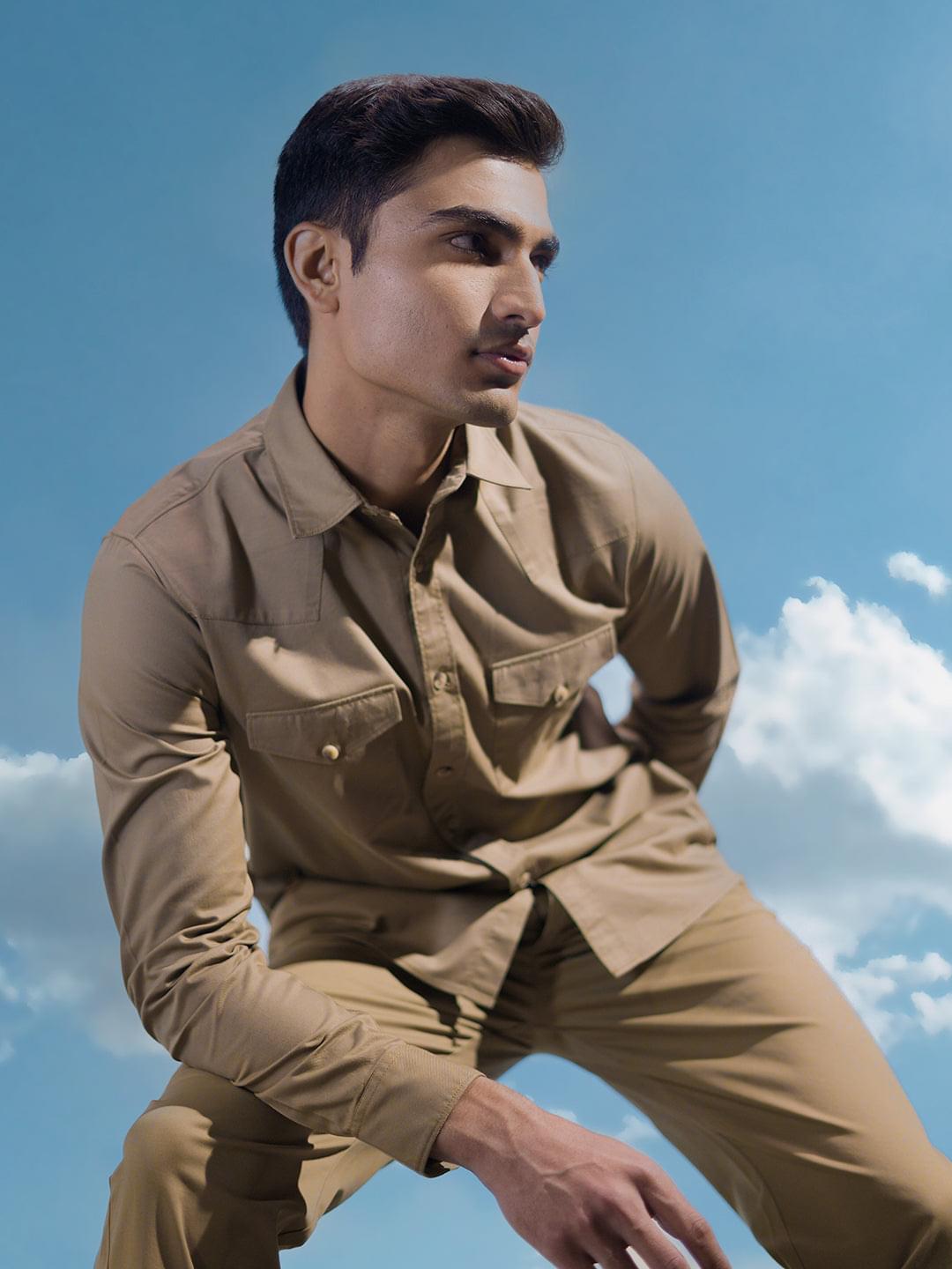 Double Pocket Cargo Shirt in Khaki- Comfort Fit