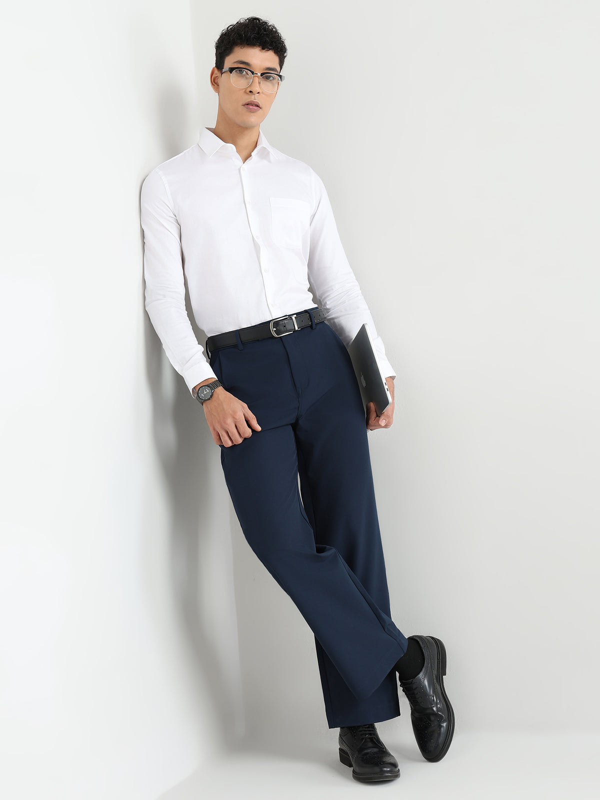 Japanese Poly-Lycra Pleated Wide Leg Trousers in Navy Blue