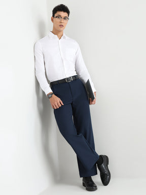 Japanese Poly-Lycra Pleated Wide Leg Trousers in Navy Blue