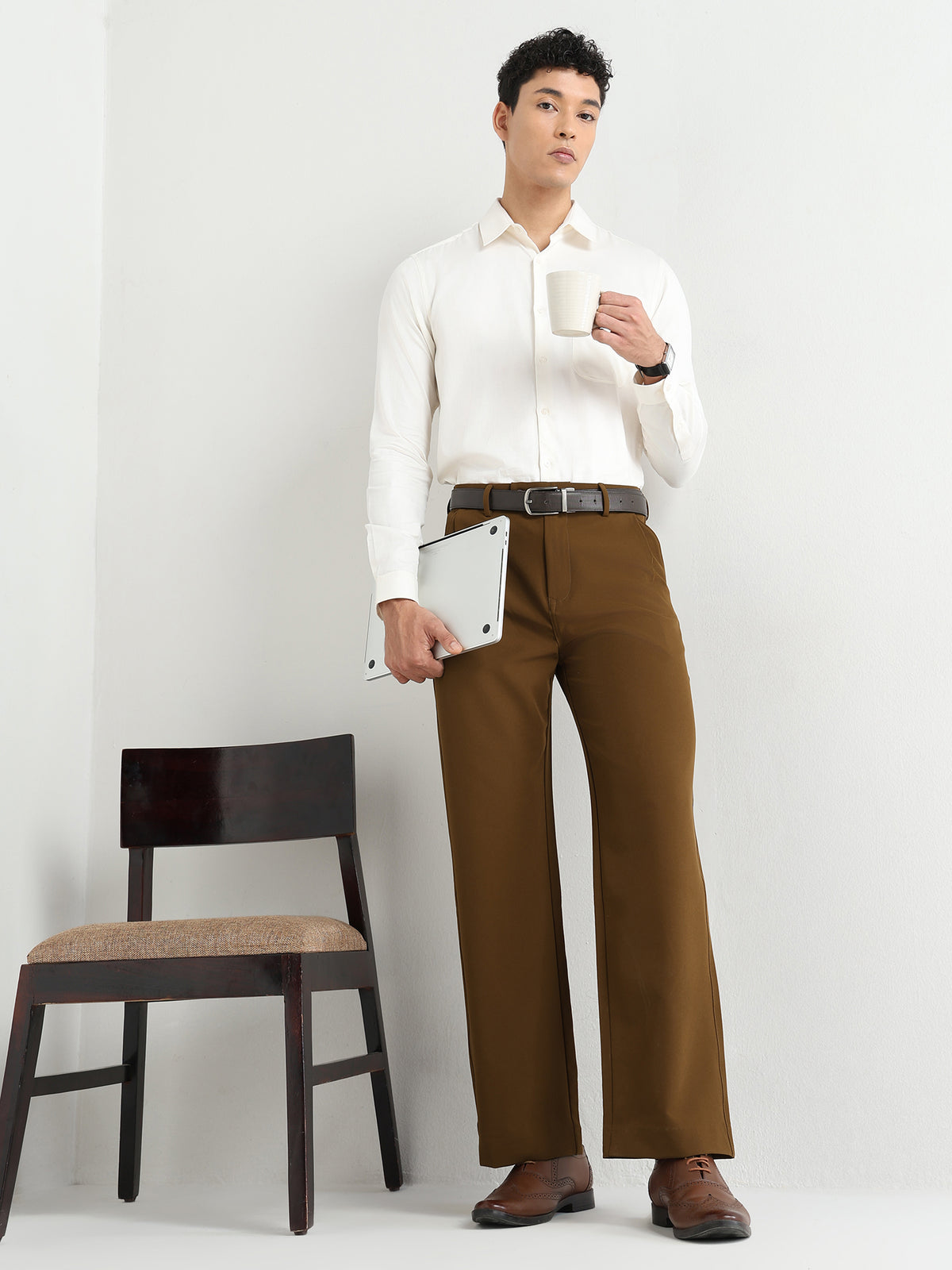 Japanese Poly-Lycra Pleated Wide Leg Trousers in Brown