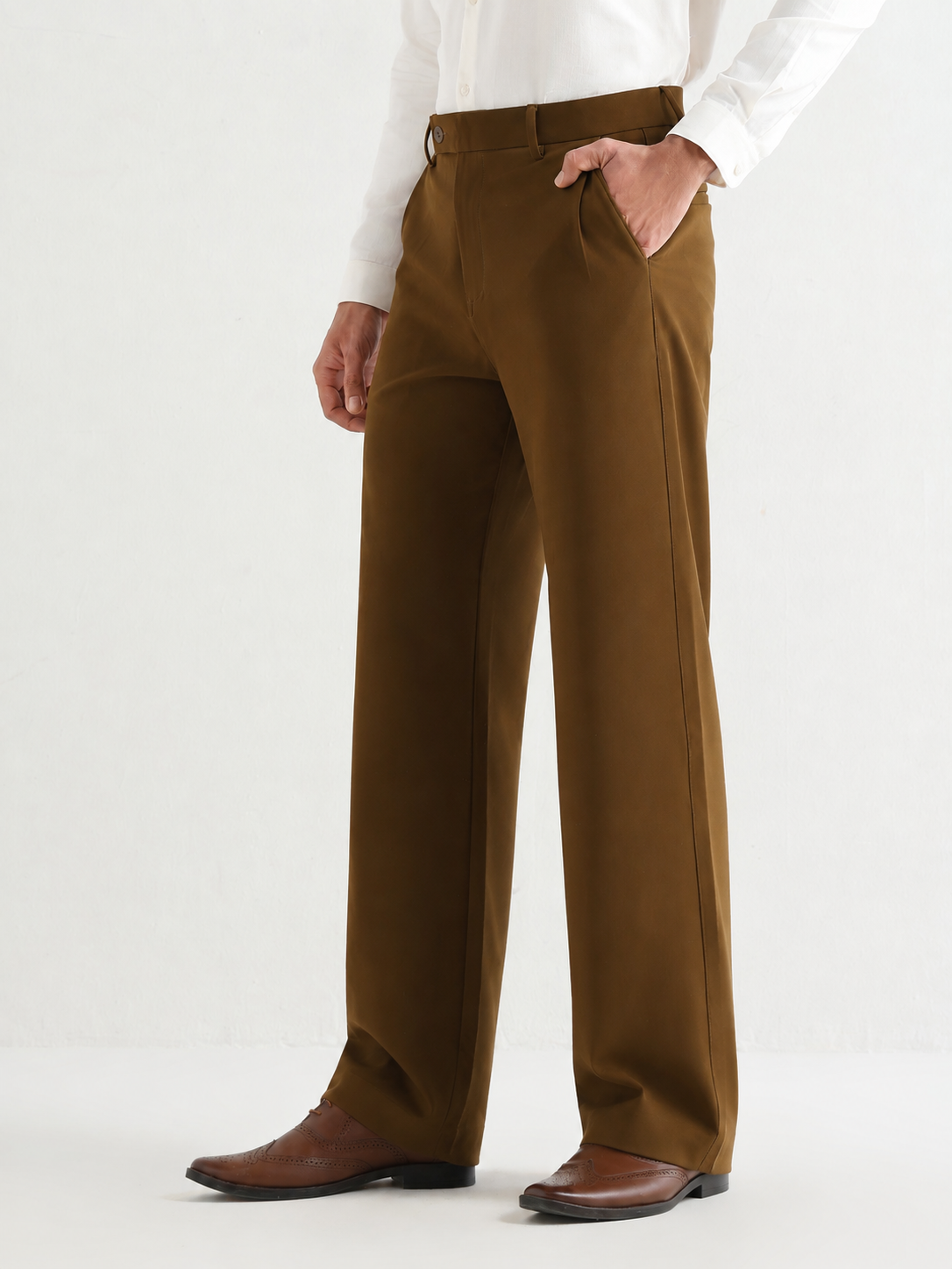 Japanese 4-Way Stretch Pleated Wide Leg Trousers in Brown