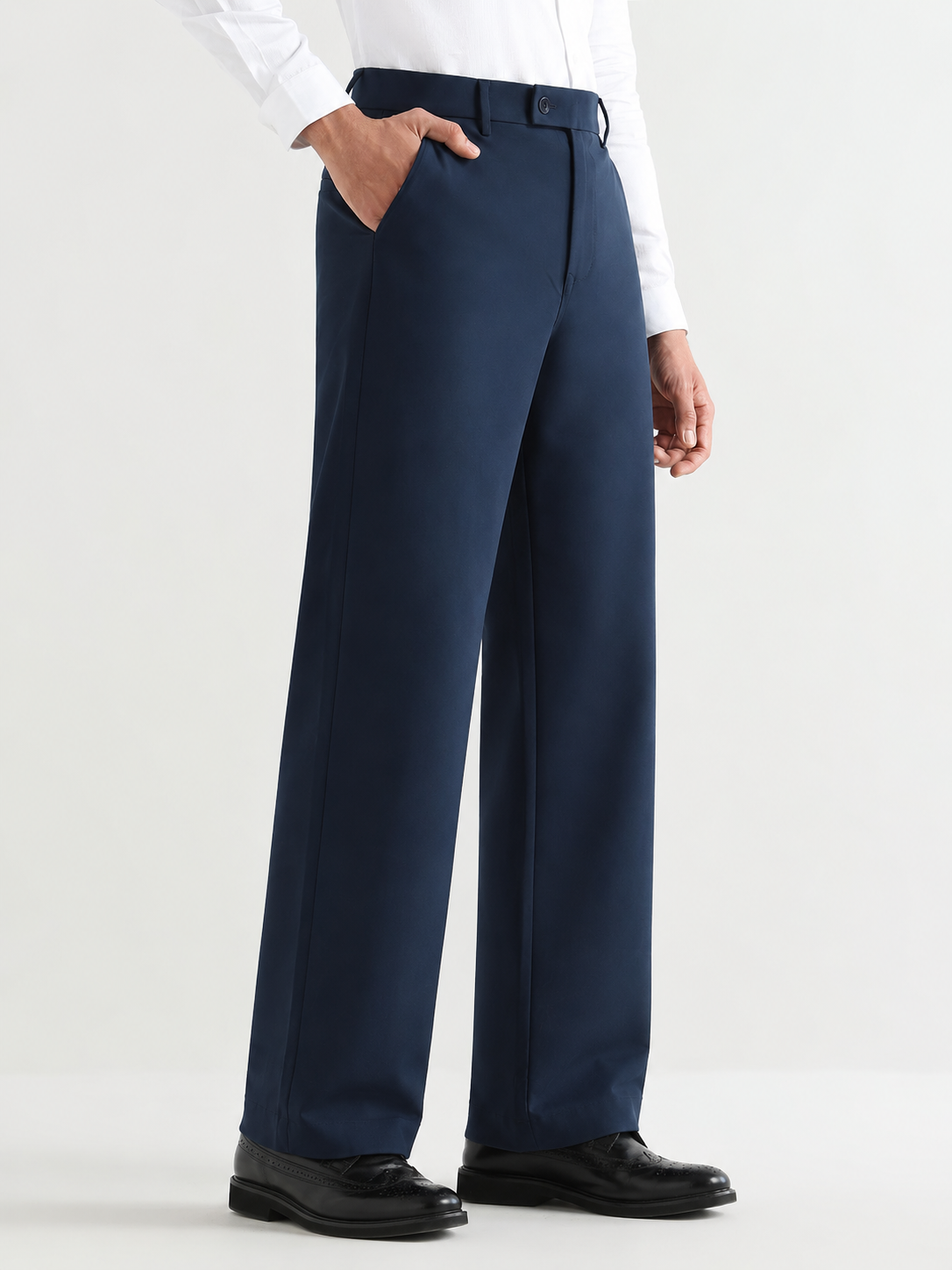 Japanese 4-Way Stretch Pleated Wide Leg Trousers in Navy Blue