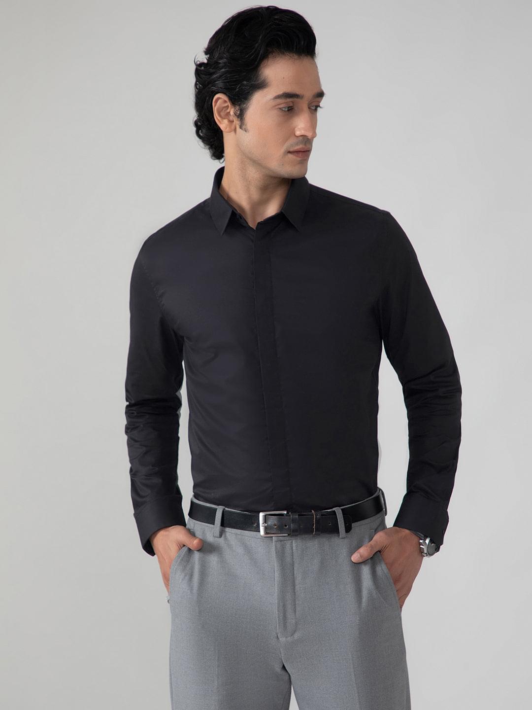 2 Way Stretch Satin Shirt in Raven Black- Slim Fit