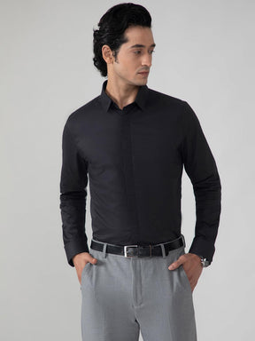 Satin Evening Shirt in Raven Black with Stretch - Slim Fit
