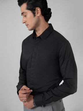 Satin Evening Shirt in Raven Black with Stretch - Slim Fit