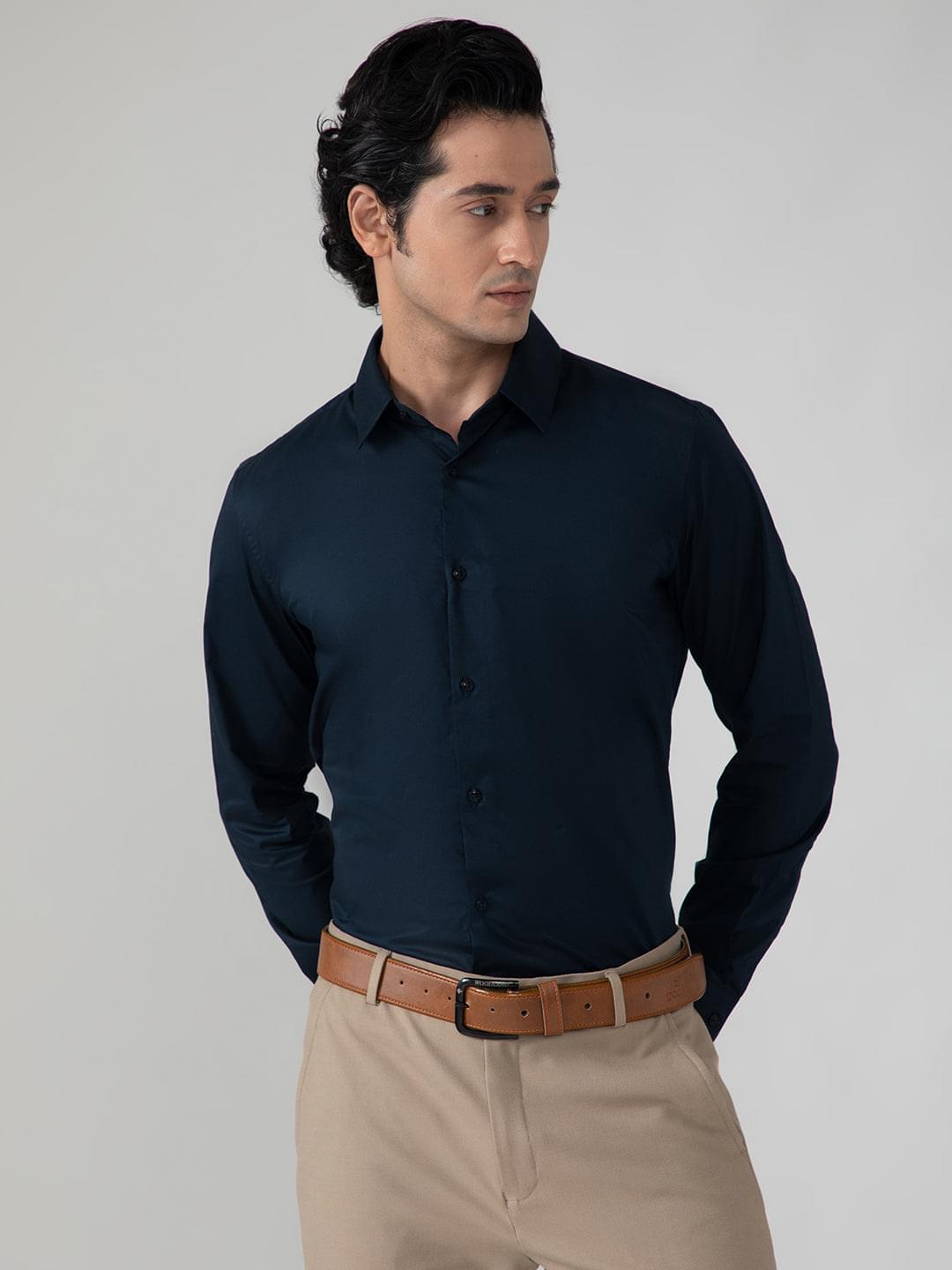 2 Way Stretch Satin Shirt in Midnight Blue- Slim Fit