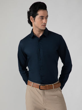 Satin Evening Shirt in Midnight Blue with Stretch - Slim Fit