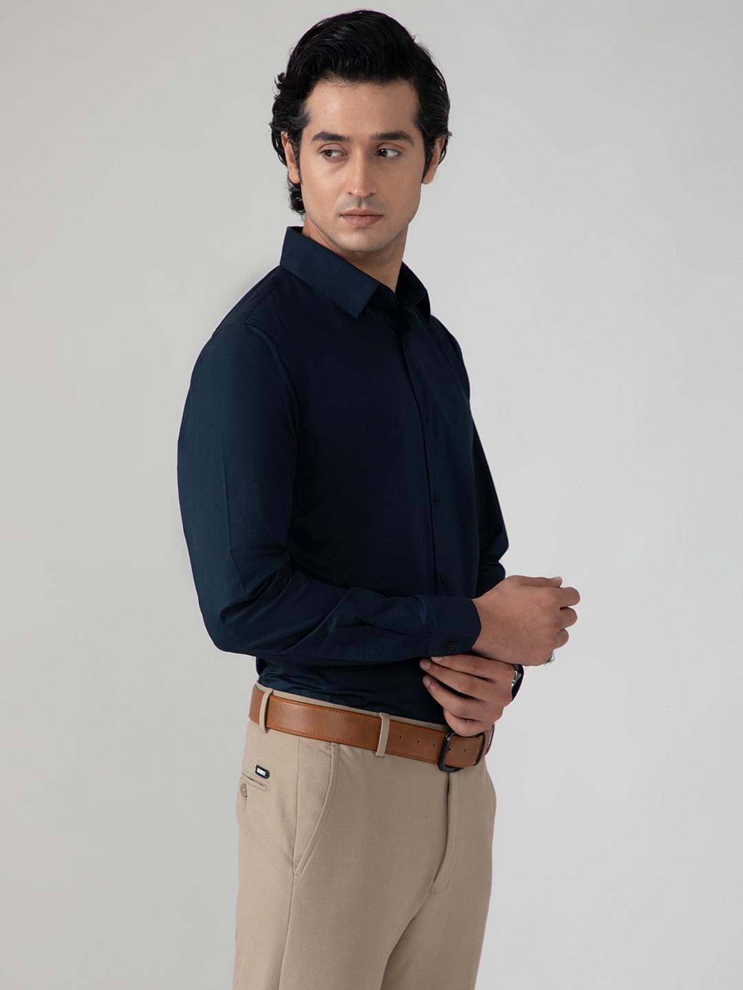 2 Way Stretch Satin Shirt in Midnight Blue- Slim Fit