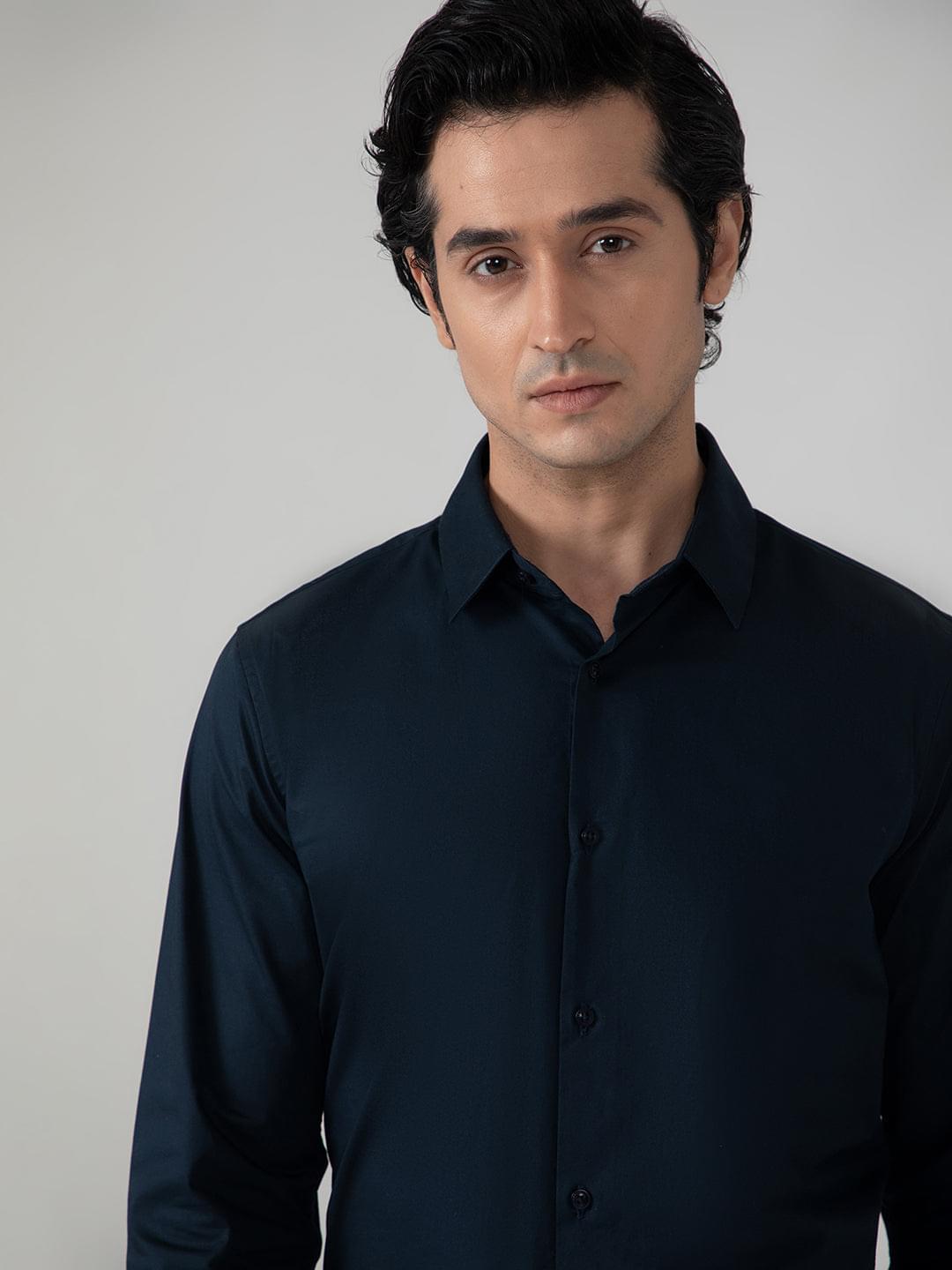 2 Way Stretch Satin Shirt in Midnight Blue- Slim Fit