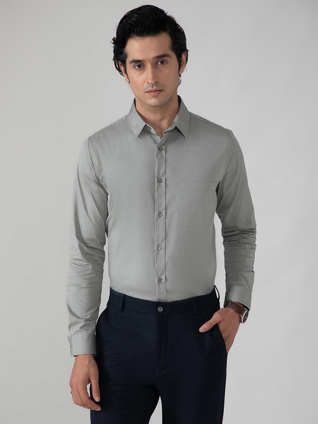 2 Way Stretch Cotton Shirt in Ash Grey- Slim Fit