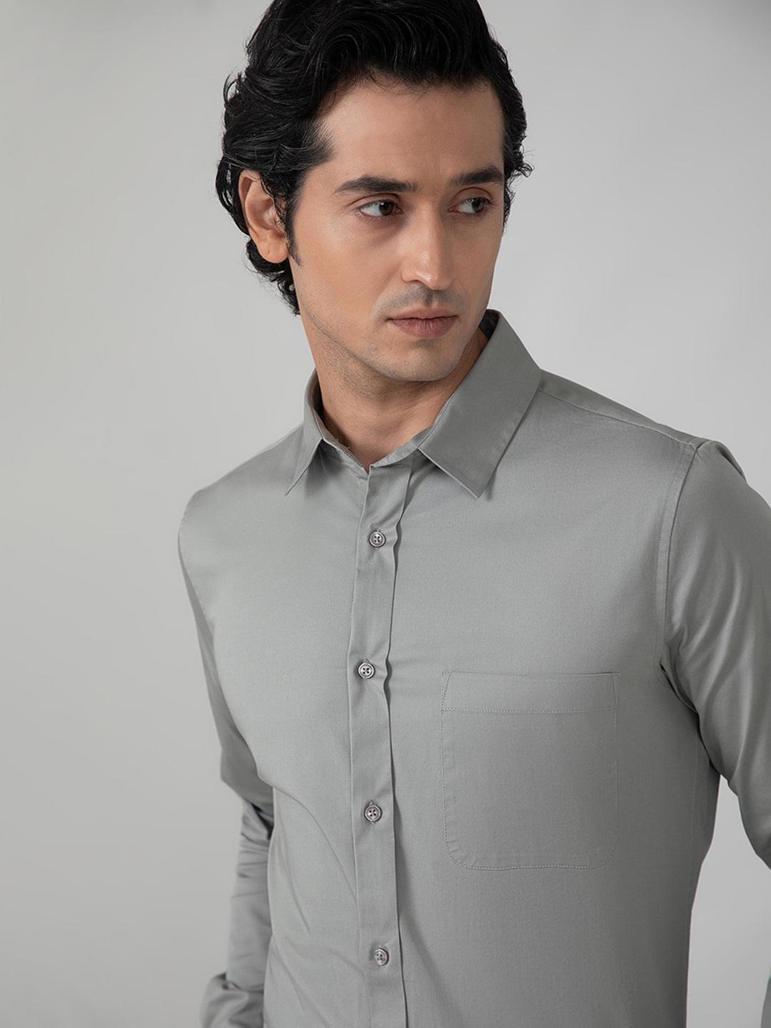 2 Way Stretch Cotton Shirt in Ash Grey- Slim Fit