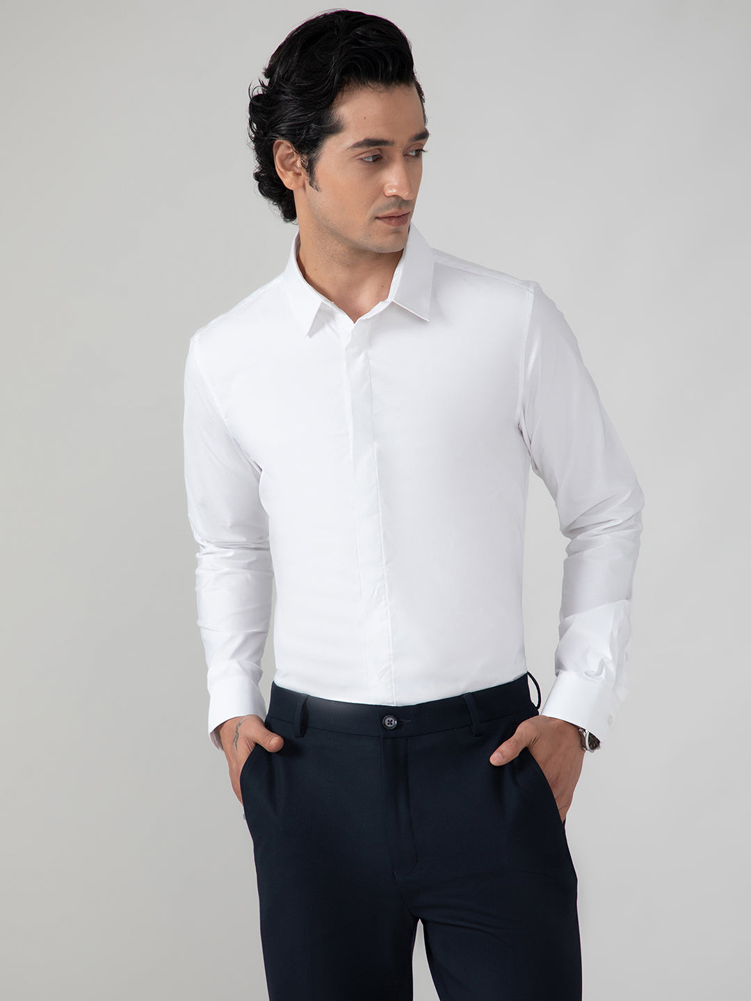 2 Way Stretch Satin Shirt in White- Slim Fit