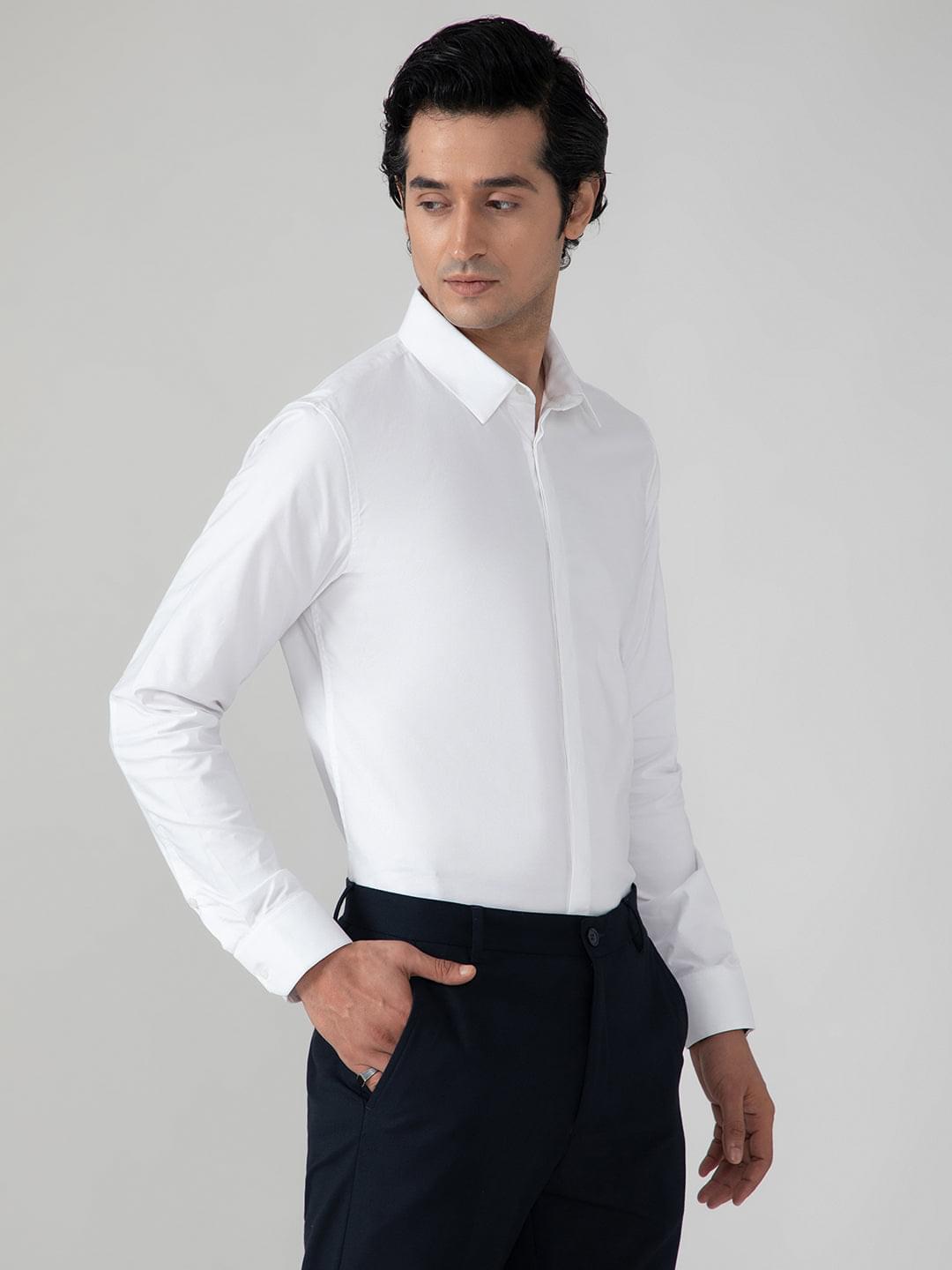 2 Way Stretch Satin Shirt in White- Slim Fit