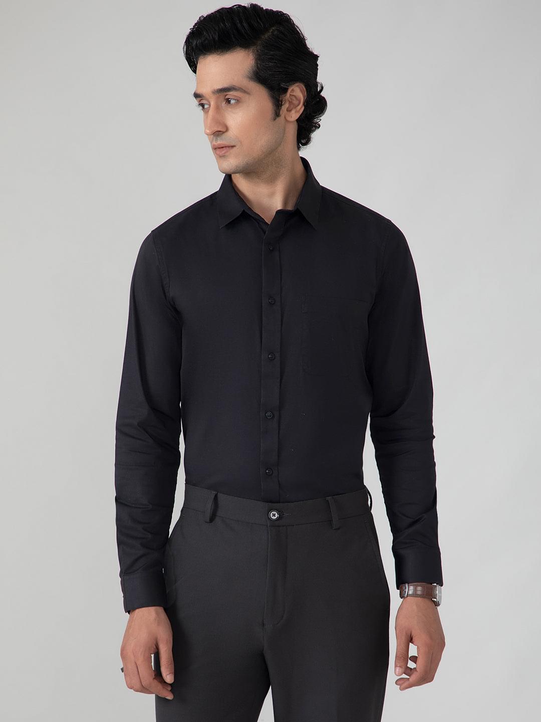 2 Way Stretch Cotton Shirt in Raven Black- Slim Fit