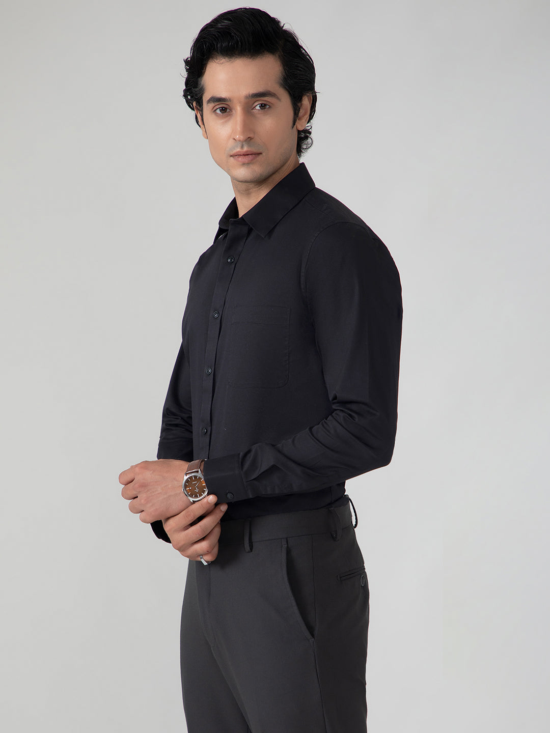 2 Way Stretch Cotton Shirt in Raven Black- Slim Fit