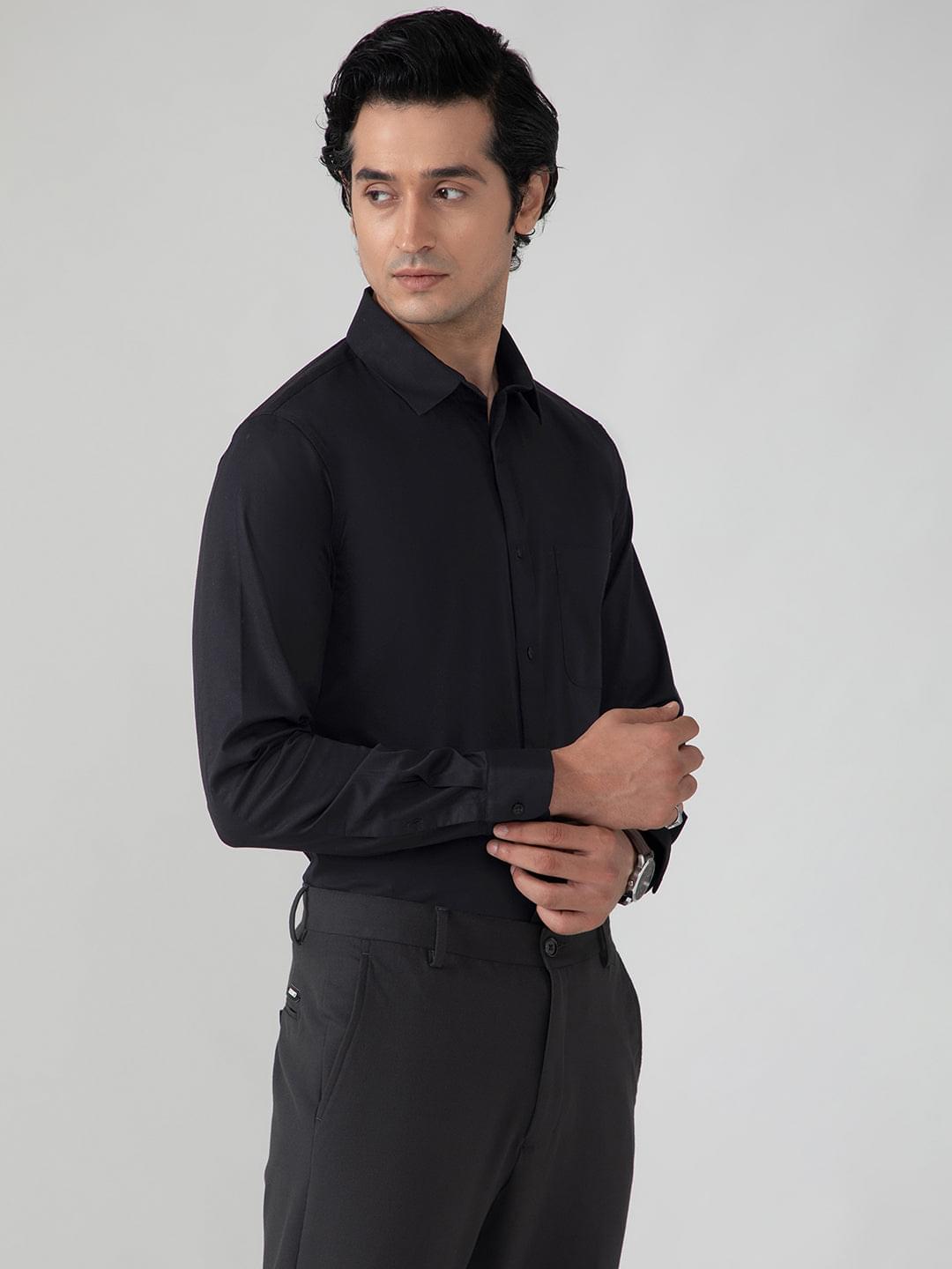 2 Way Stretch Cotton Shirt in Raven Black- Slim Fit