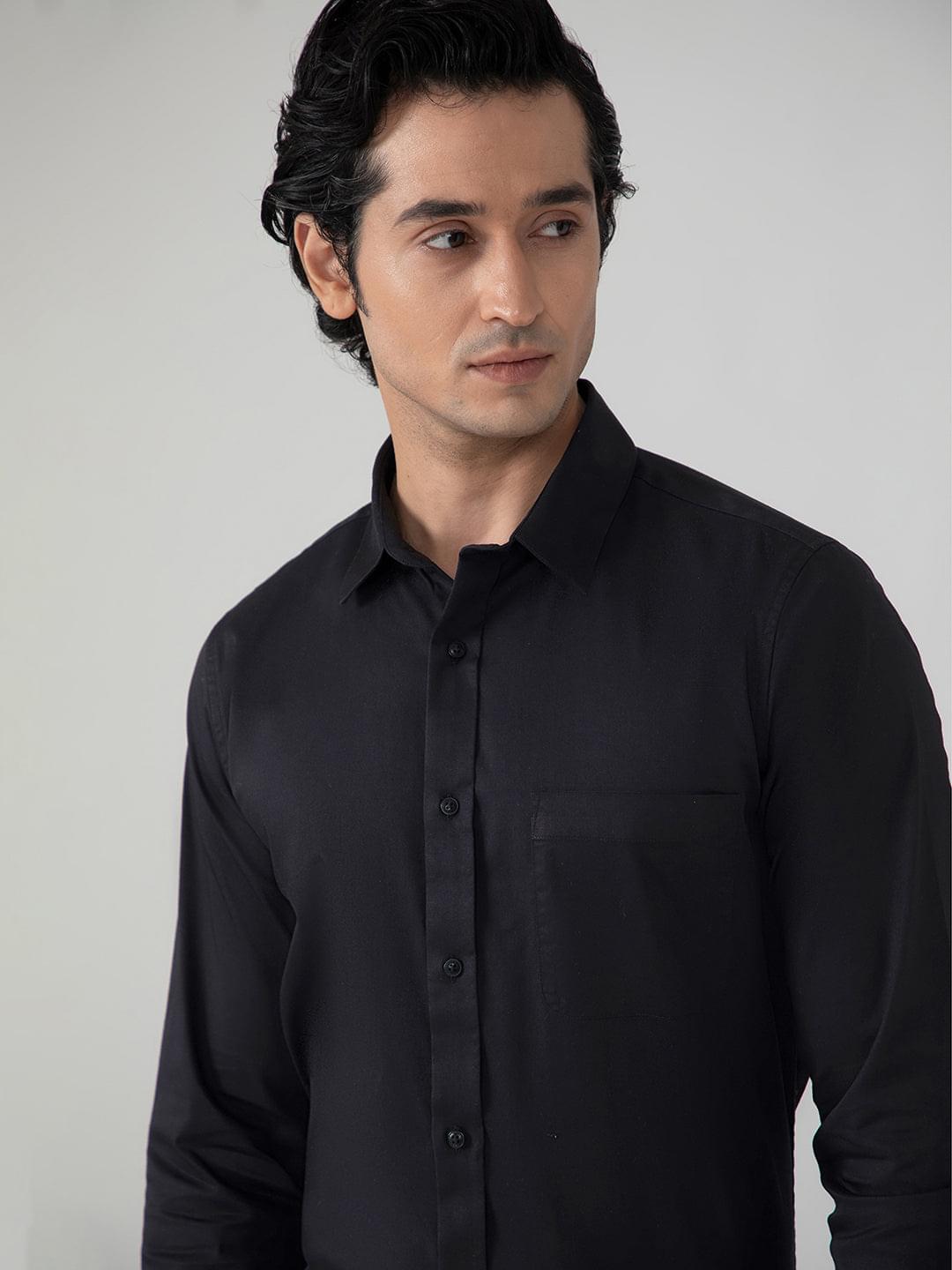 2 Way Stretch Cotton Shirt in Raven Black- Slim Fit