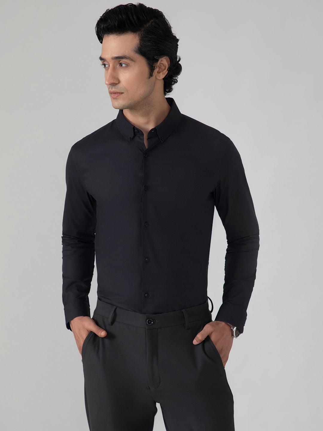 2 Way Stretch Dobby Shirt in Raven Black- Slim Fit