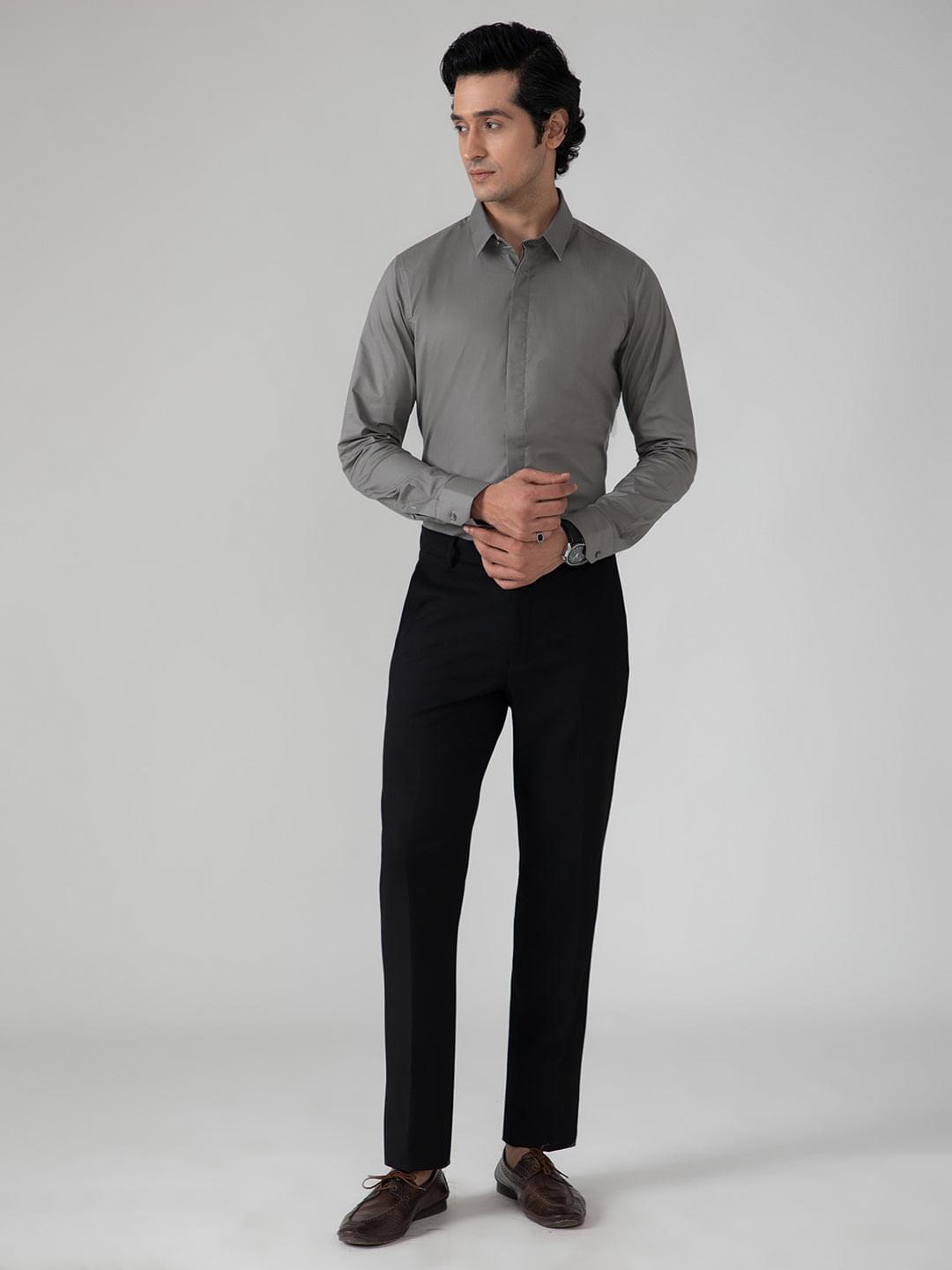 2 Way Stretch Satin Shirt in Ash Grey- Slim Fit