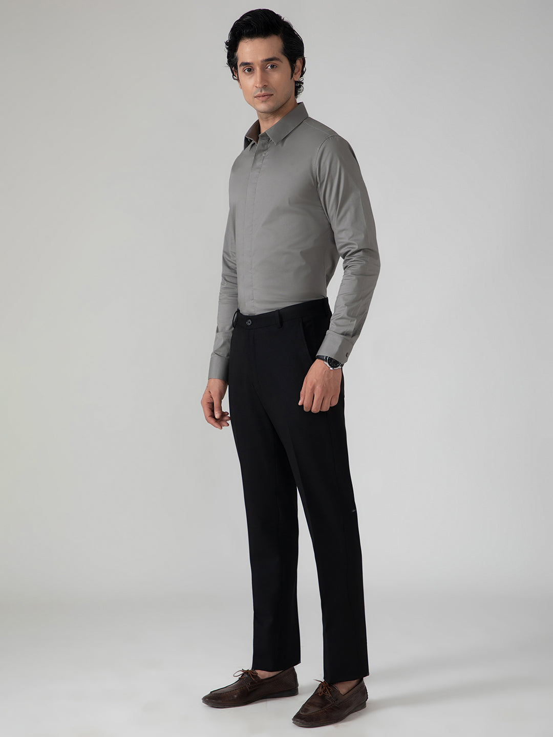 2 Way Stretch Satin Shirt in Ash Grey- Slim Fit