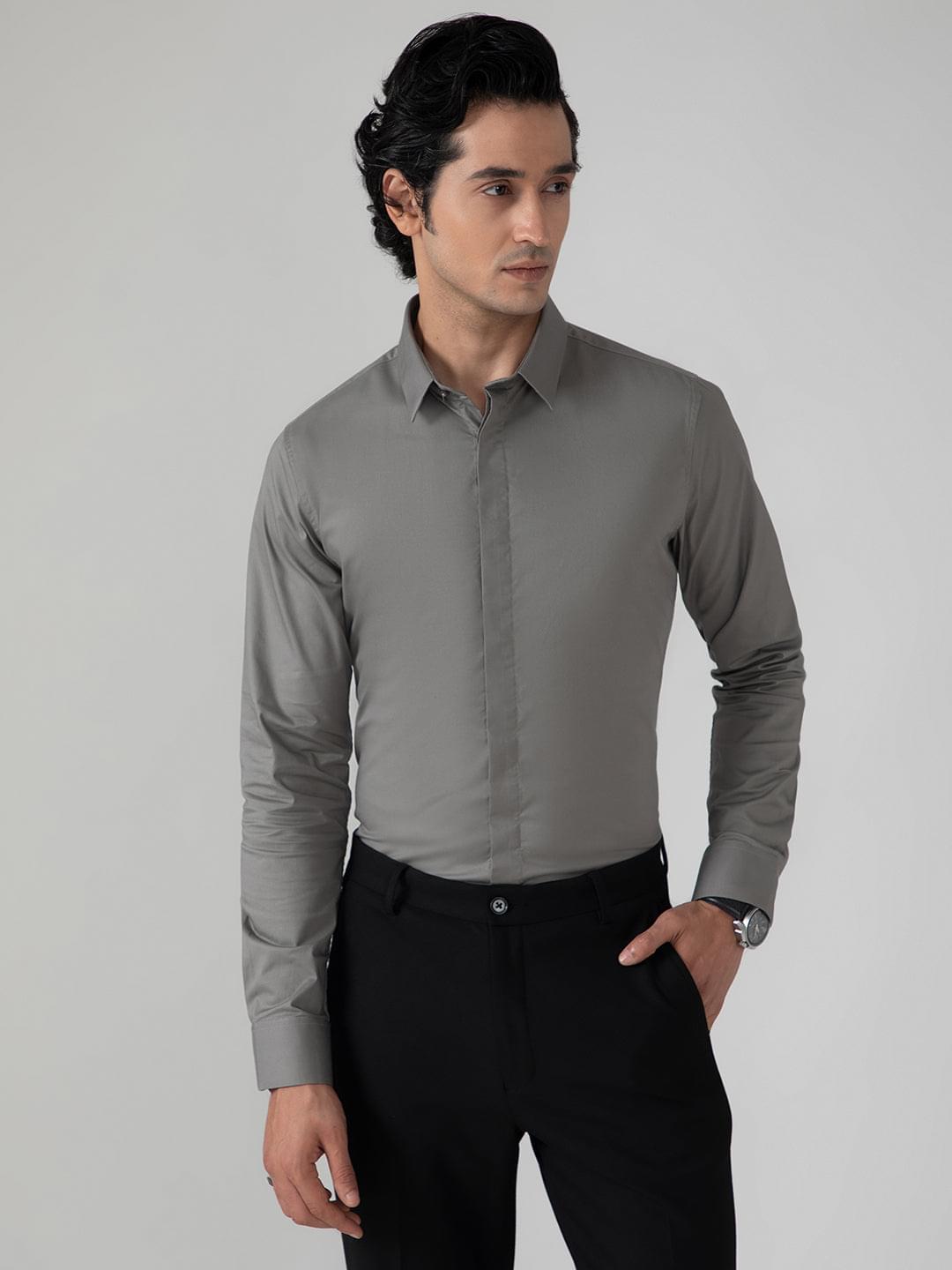 2 Way Stretch Satin Shirt in Ash Grey- Slim Fit