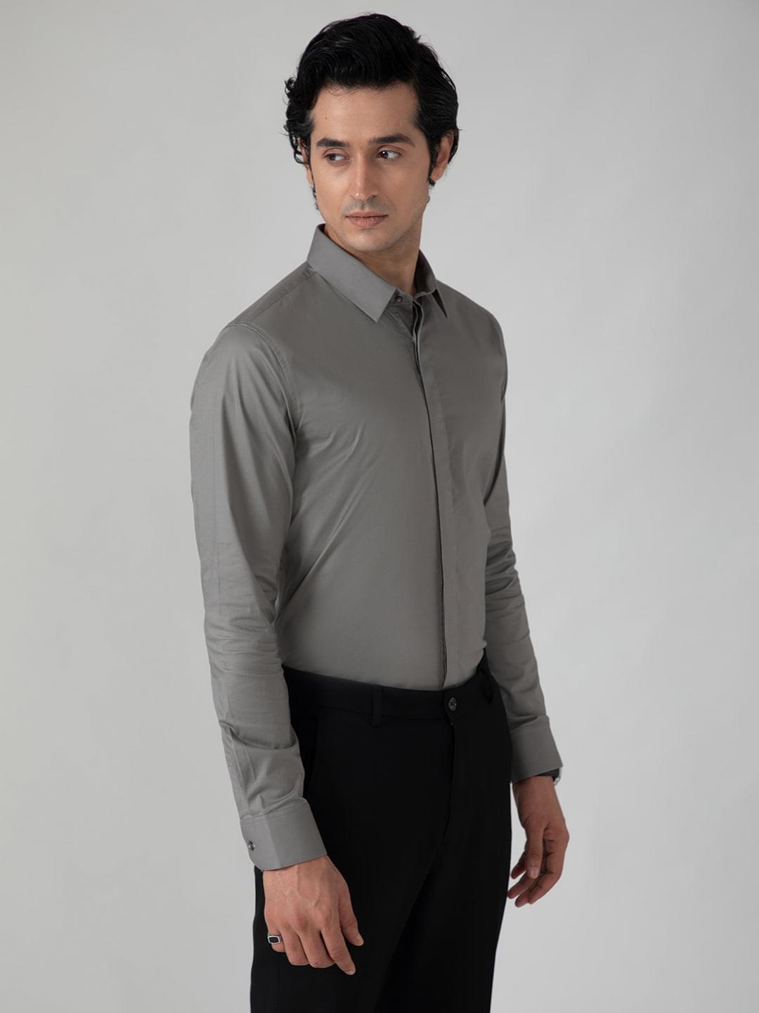 2 Way Stretch Satin Shirt in Ash Grey- Slim Fit