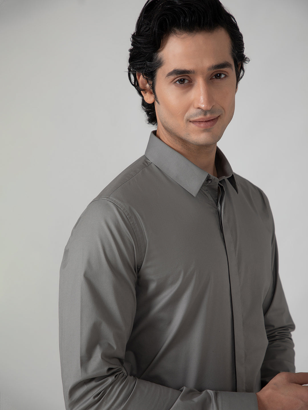 2 Way Stretch Satin Shirt in Ash Grey- Slim Fit